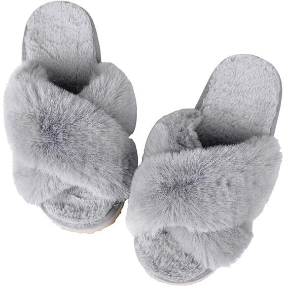 Women Cross Band Fuzzy Slippers Fluffy Open Toe House Slippers Coziness Style - Picture 3 of 5